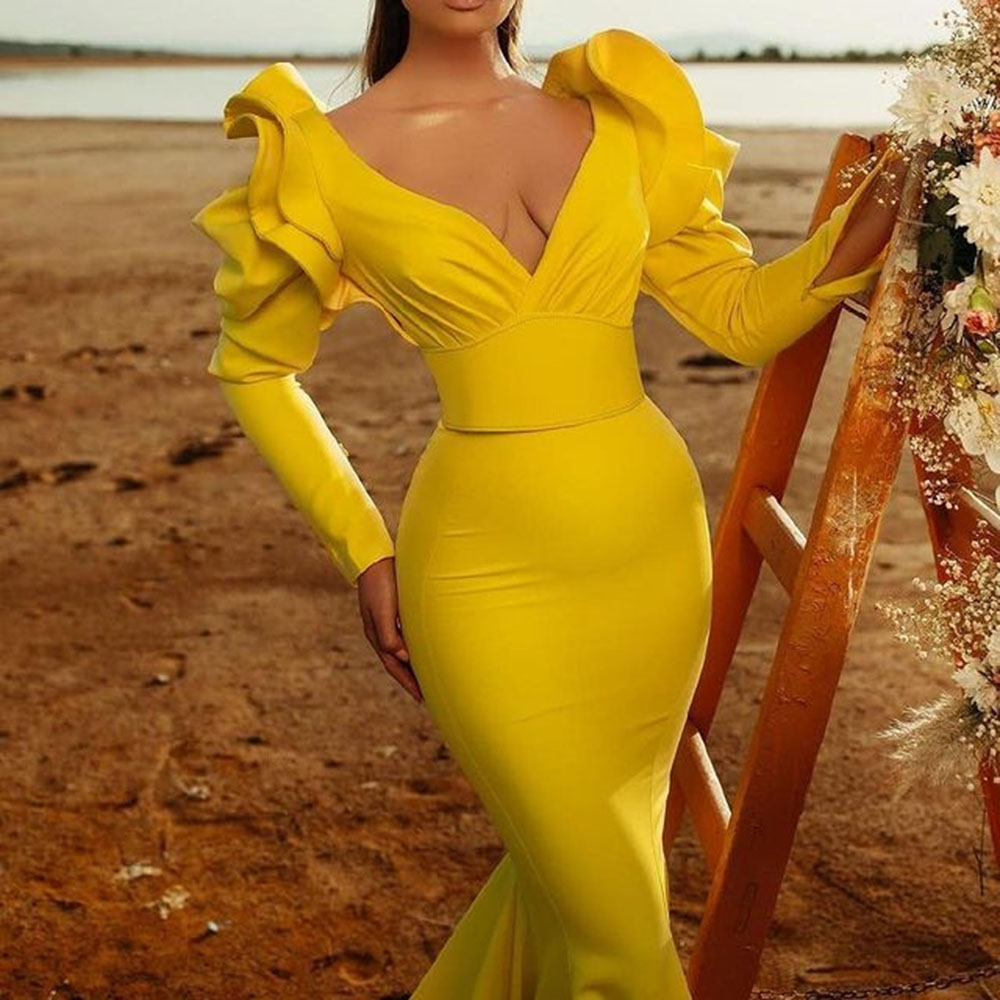 V-Neck Floor-Length Long Sleeves Ruffles Mermaid Evening Dress 2021