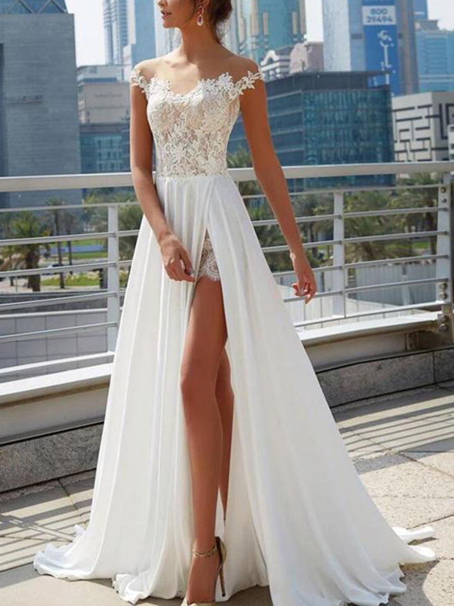 Illusion Neck Split-Front Lace Beach Wedding Dress 2021