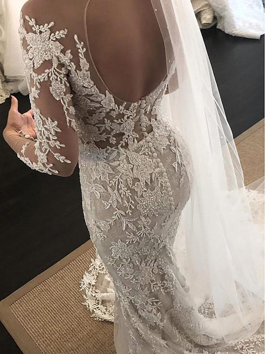 Illusion Neck Long Sleeves Beading Lace Appliques Wedding Dress