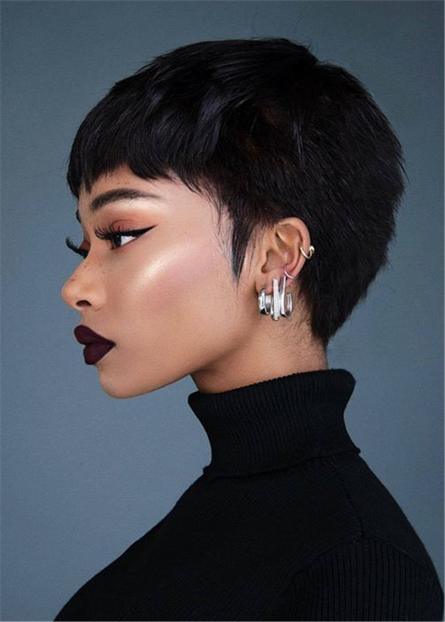 Boy Cut Short Weave Bump Hairstyle Human Straight Capless Women's 8 Inches 120% Wigs