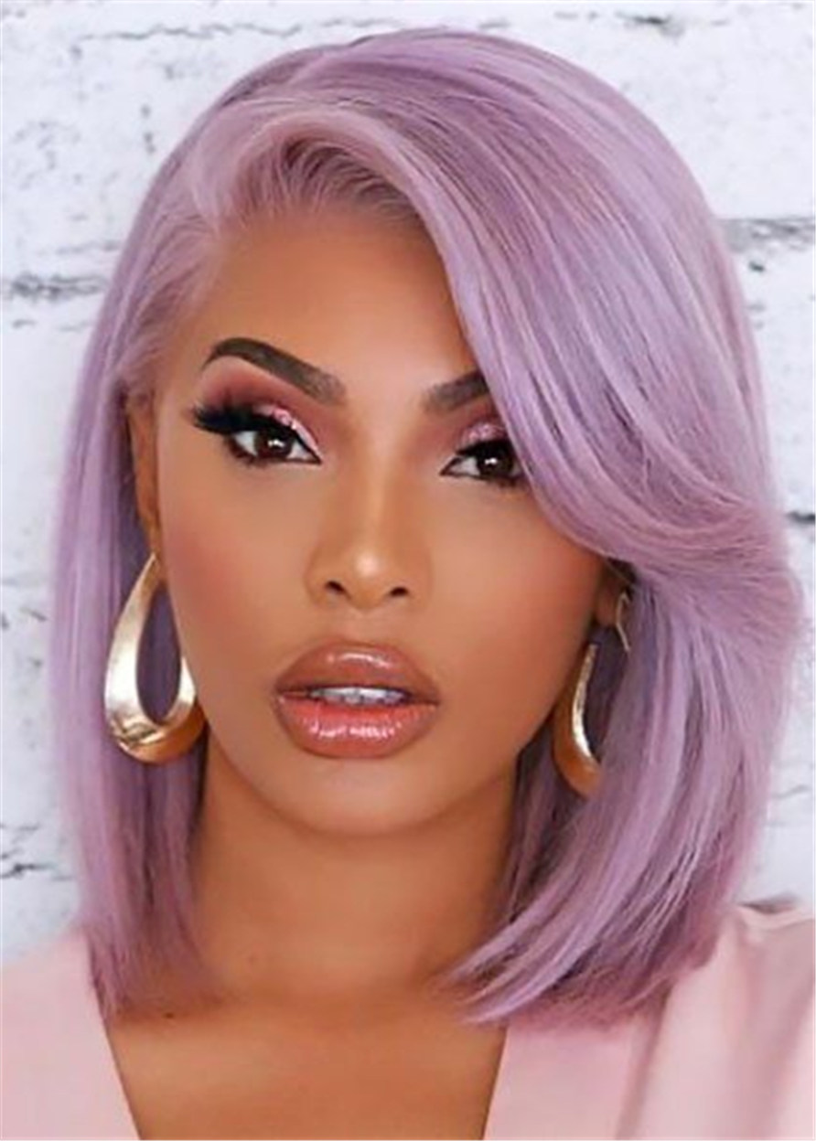 Side Part Purple Bob Hairstyle Natural Straight Human Hair Capless Women 14 Inches 120% Wigs