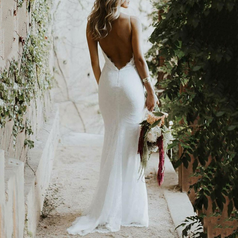 Spaghetti Straps Lace Backless Beach Wedding Dress 2021