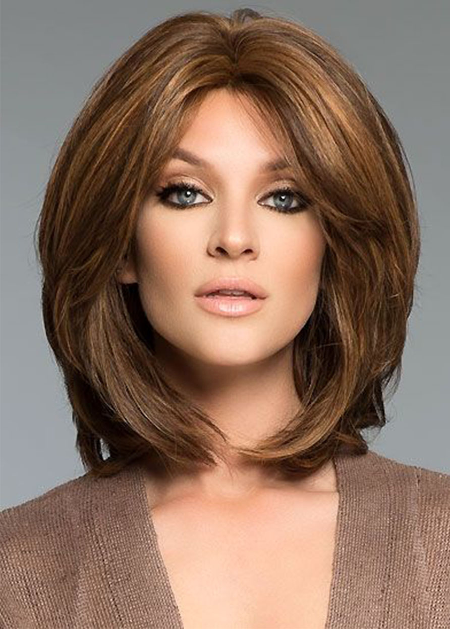 Women's Natural Straight Full Hair Mid Part Medium Bob Hairstyles Synthetic Hair Capless Wigs 16Inch