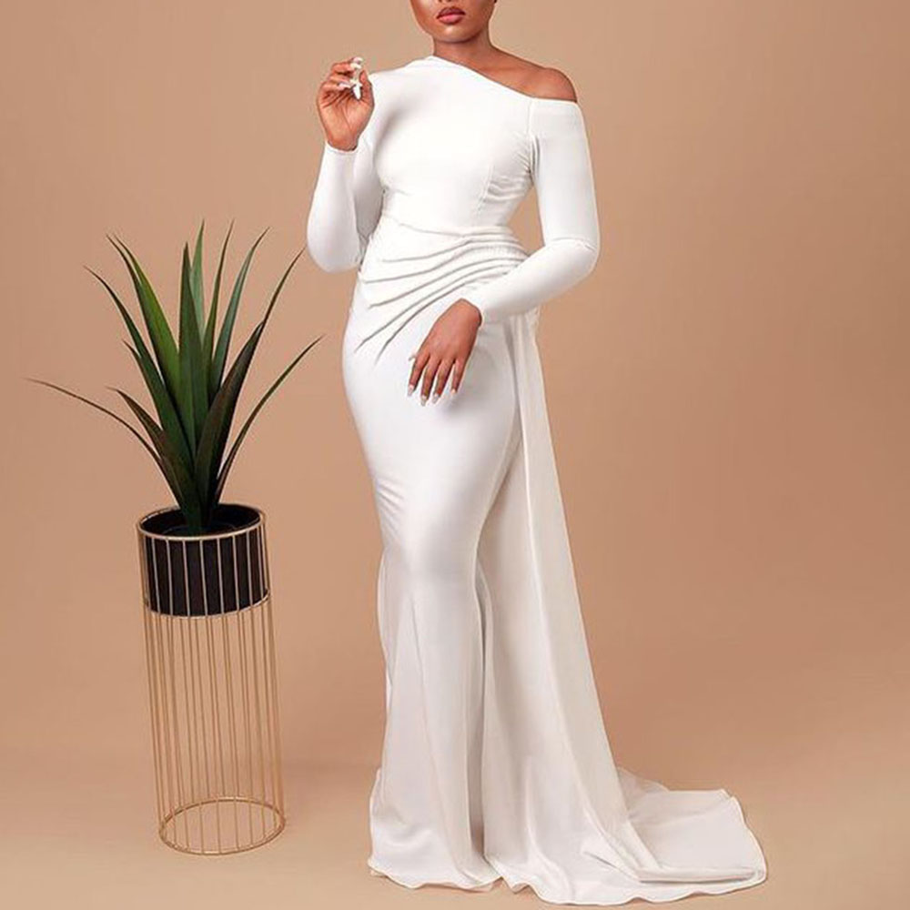 Floor-Length Long Sleeves One Shoulder Sheath Formal Evening Dress 2021
