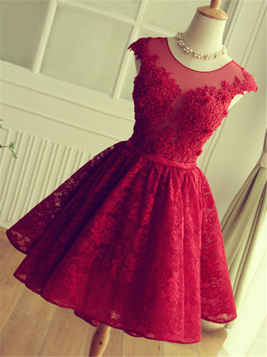 A-Line Scoop Cap Sleeves Appliques Beaded Button Hllow Lace Homecoming Dress