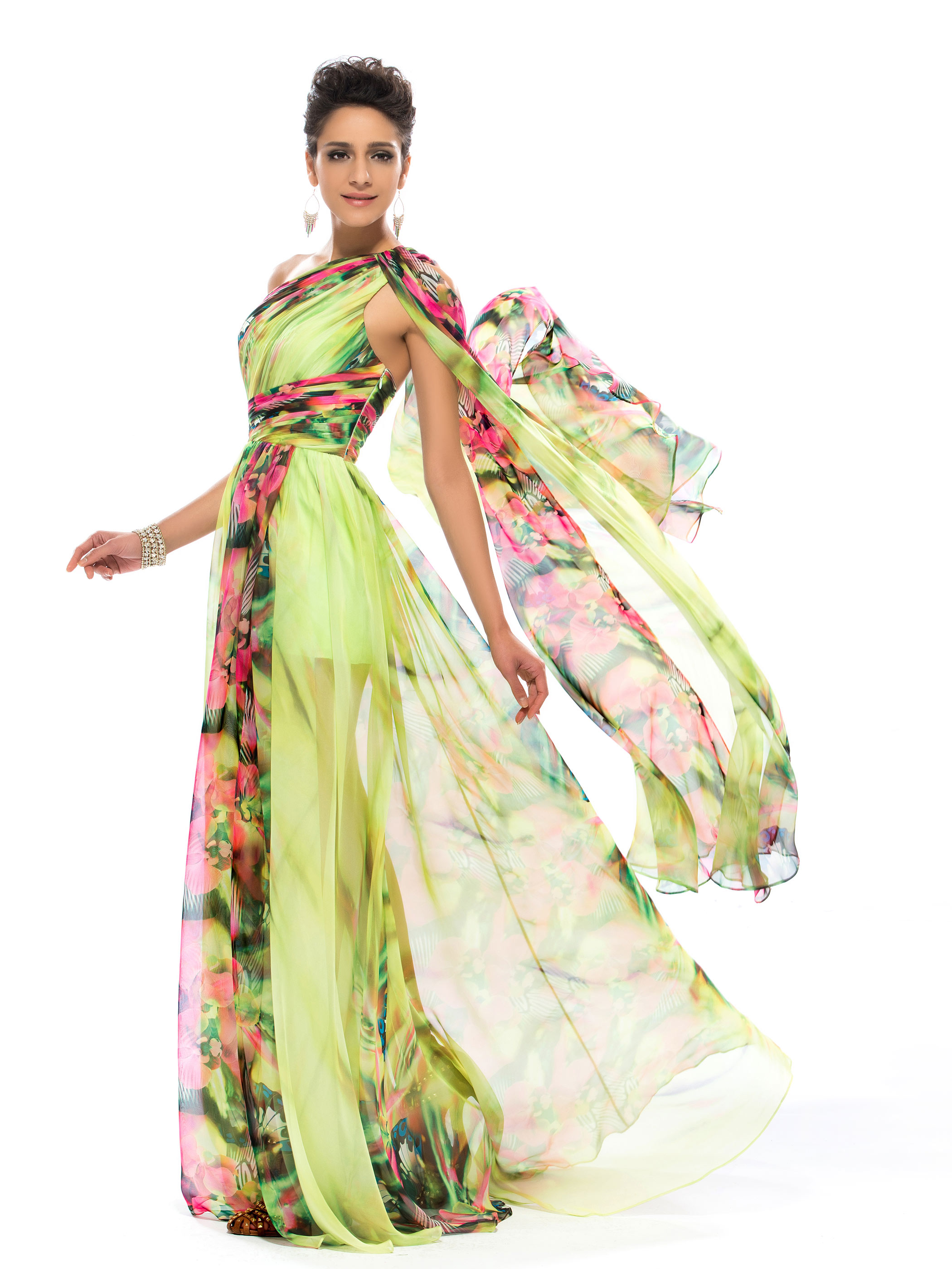 Floral Printed Split-Front One-Shoulder Prom Dress