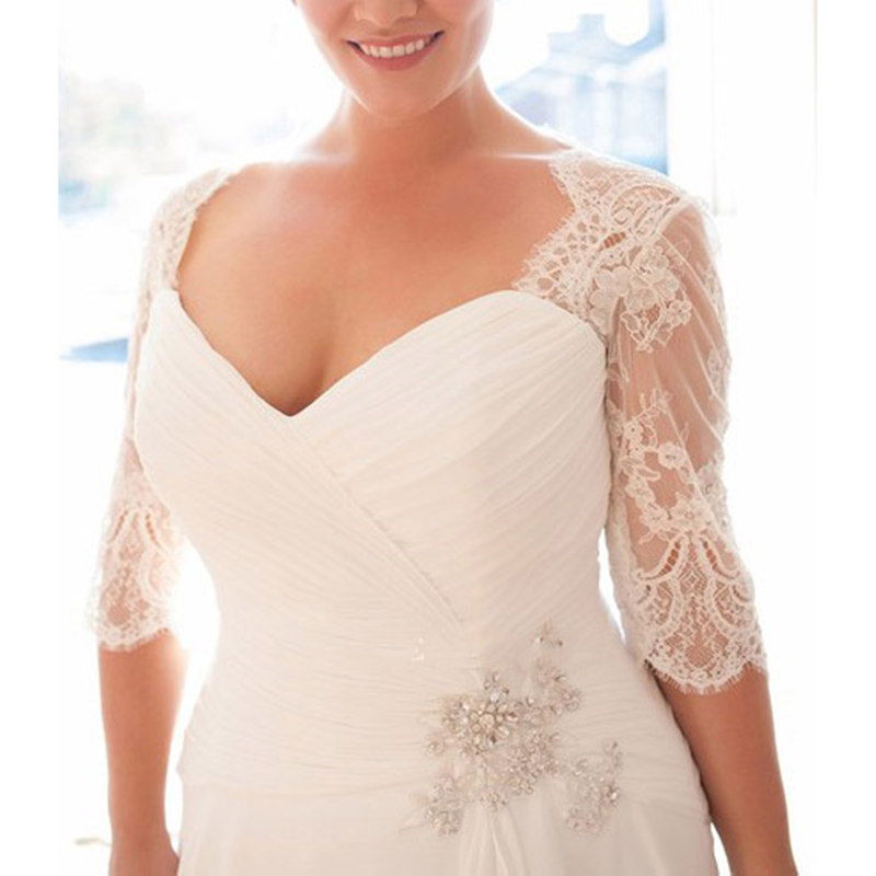 Lace Half Sleeves Beading Plus Size Wedding Dress