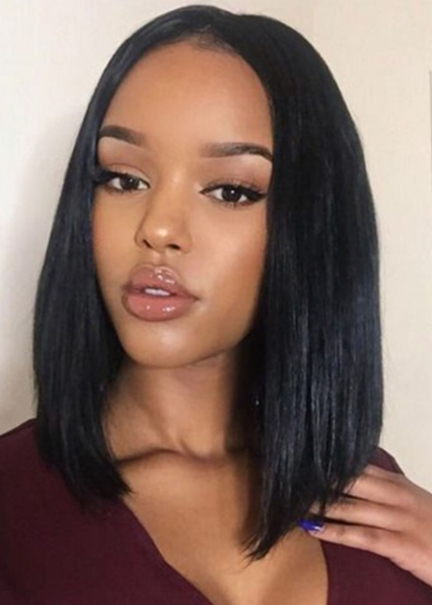 Medium Bob Hairstyles Women's 120% Density Straight Human Hair Lace Front Wigs 14Inches