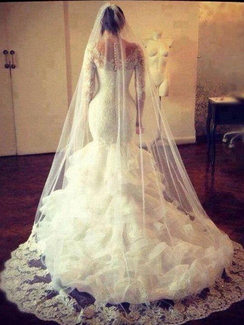 Cascading Ruffles Lace Mermaid Wedding Dress with Long Sleeves