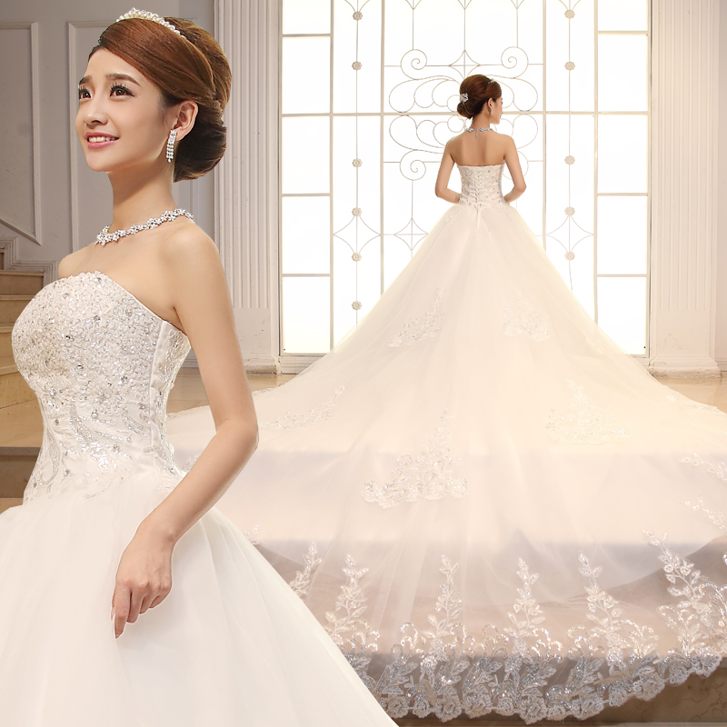 Strapless Appliques Sequins Cathedral Train Wedding Dress