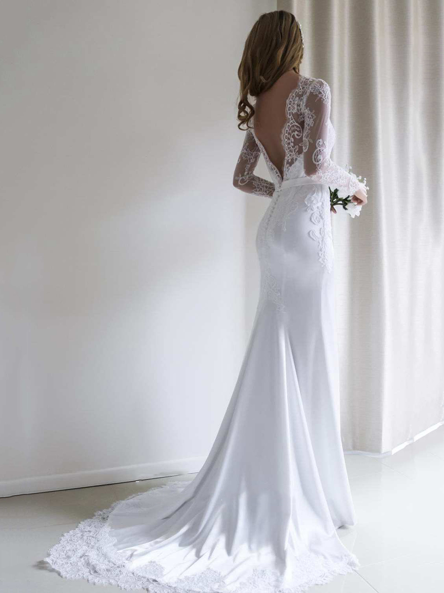 Long Sleeves Low Back Mermaid Lace Wedding Dress 2020