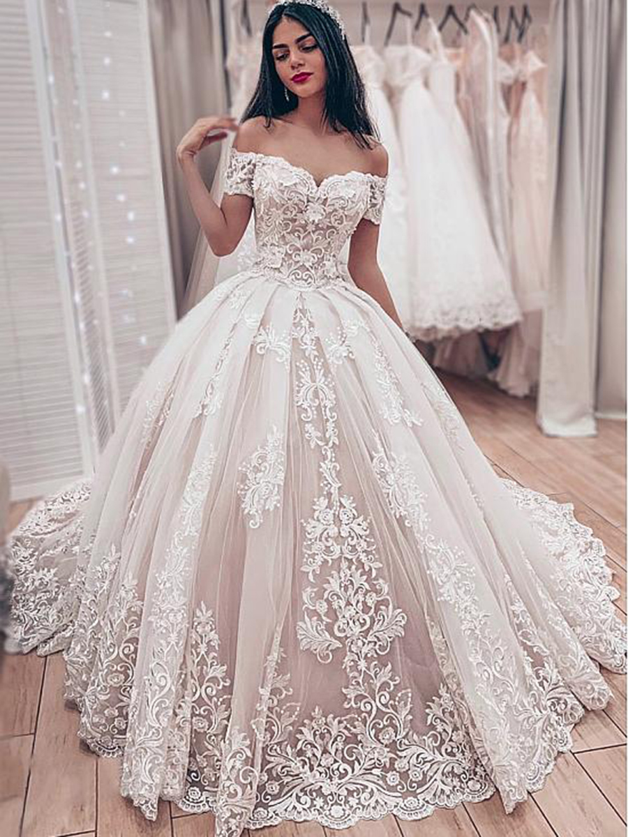 Off the Shoulder Appliques Short Sleeves Lace-Up Ball Gown Wedding Dress