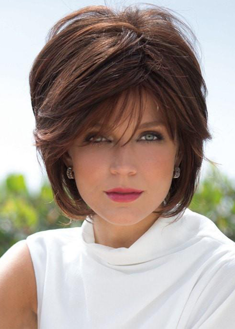 Women's Short Shaggy Hairstyles Straight Human Hair Wigs With Bangs Capless 10 Inches 120% Wigs