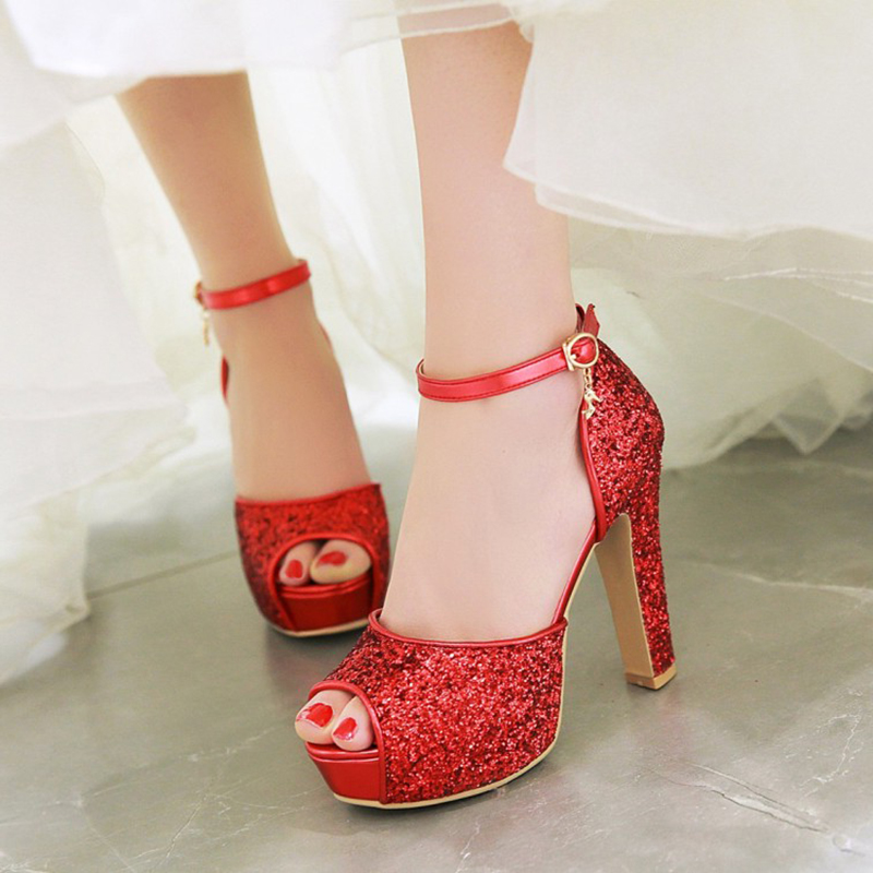 Chunky Heel Platform Peep Toe T-Shaped Buckle Banquet Wedding Shoes