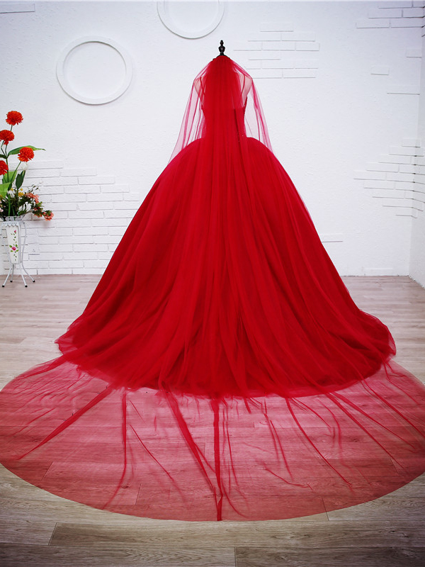 Sweetheart Beaded Bodice Red Tulle Ball Gown Color Wedding Dress