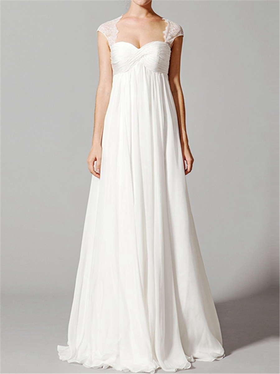 Cap Sleeve Ruched Empire Waist Lace Maternity Wedding Dress