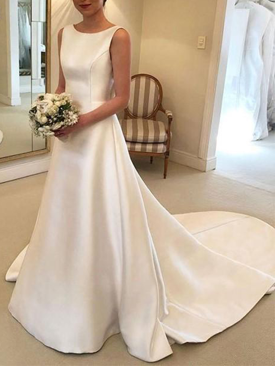 A-Line Bateau Neck Bowknot Backless Hall Wedding Dress