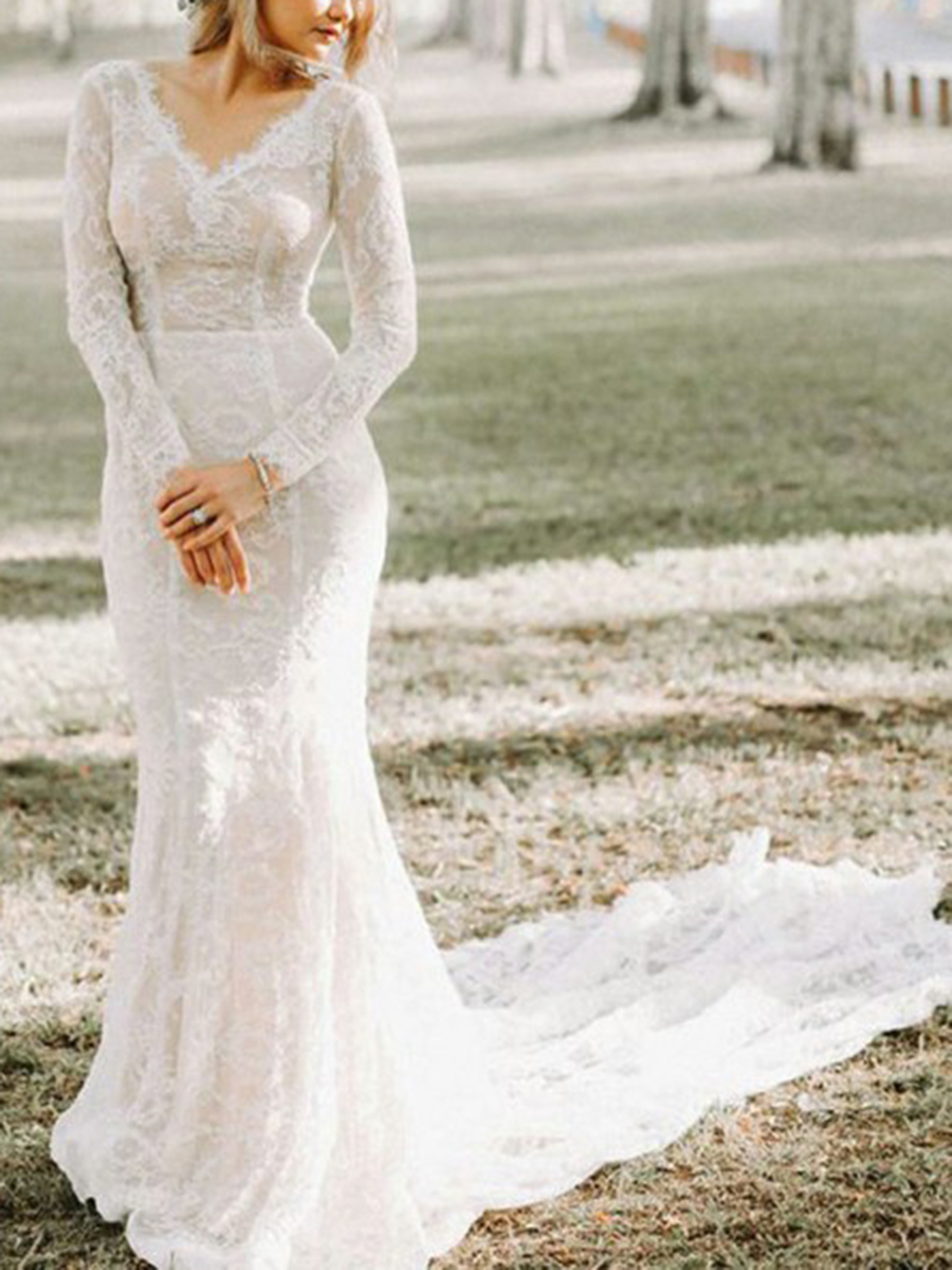 Mermaid V-Neck Lace Long Sleeves Boho Wedding Dress 2021