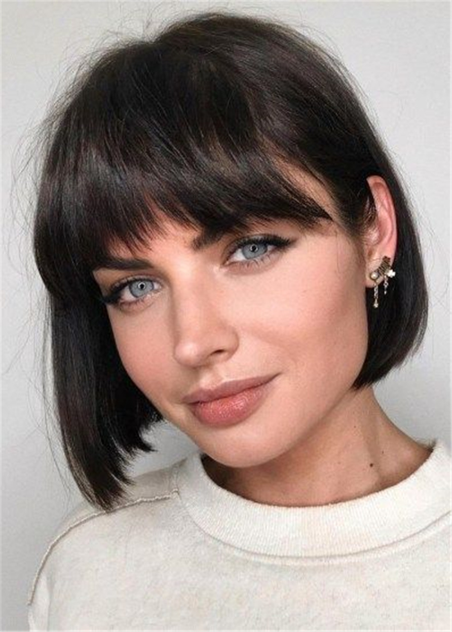 Short Bob Haircuts Synthetic Natutal Straight Hair Capless Wigs With Bangs 130% 12 Inches Wigs