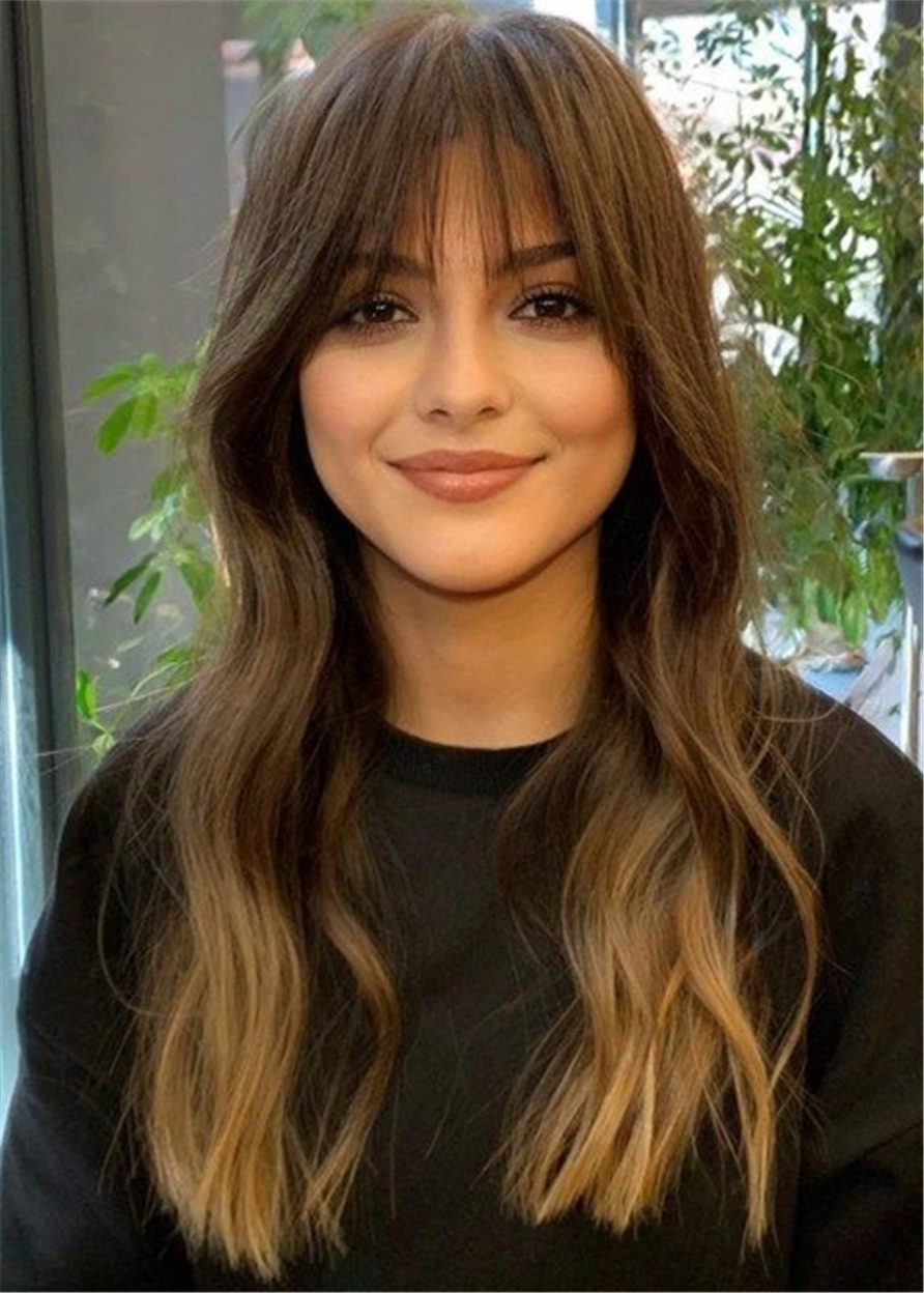Long Wavy Hairstyle Women's Wavy Human Hair With Bangs Capless 130% 24 Inches Wigs
