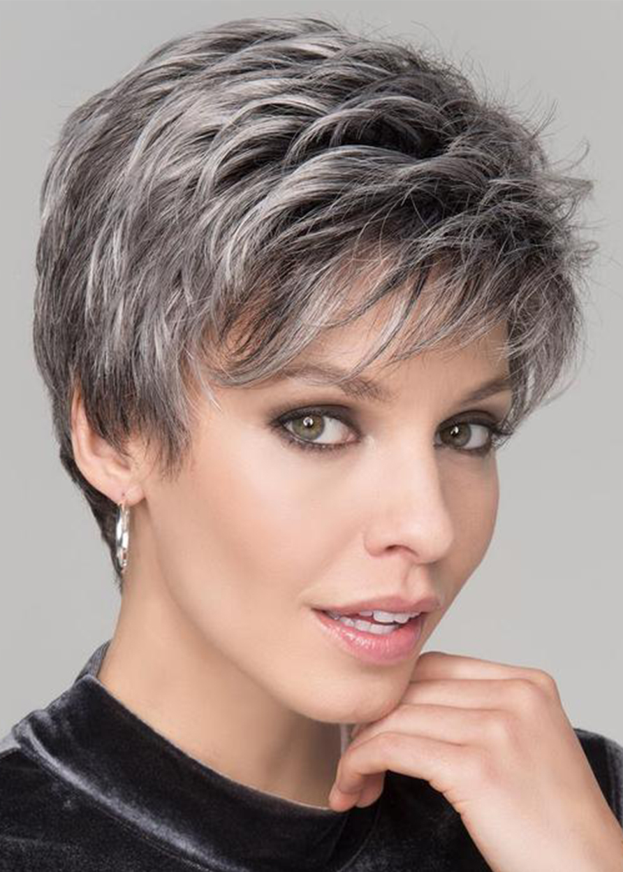 Women's Short Pixie Boy Cut Salt And Pepper Straight Synthetic Hair Capless 6Inches Short Wigs