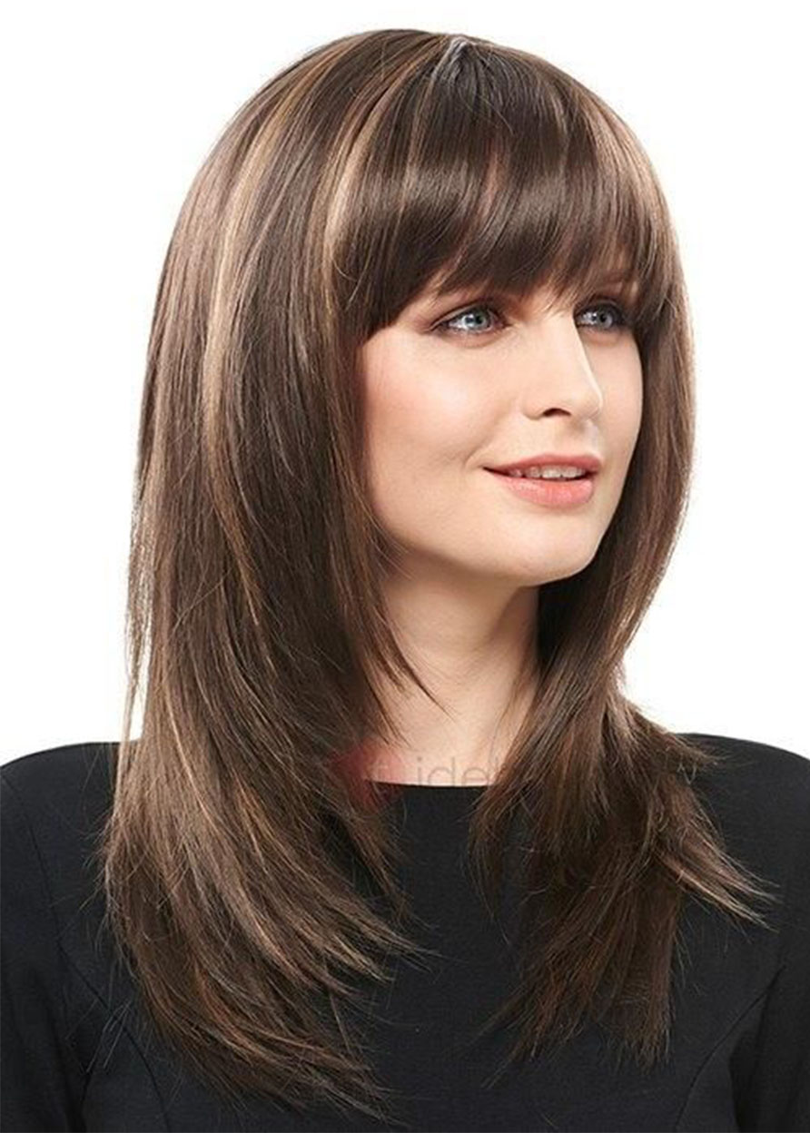 Medium Bob Layered Hairstyles Natural Straight Human Hair Wigs With Bangs Lace Front Cap Wigs 18Inch
