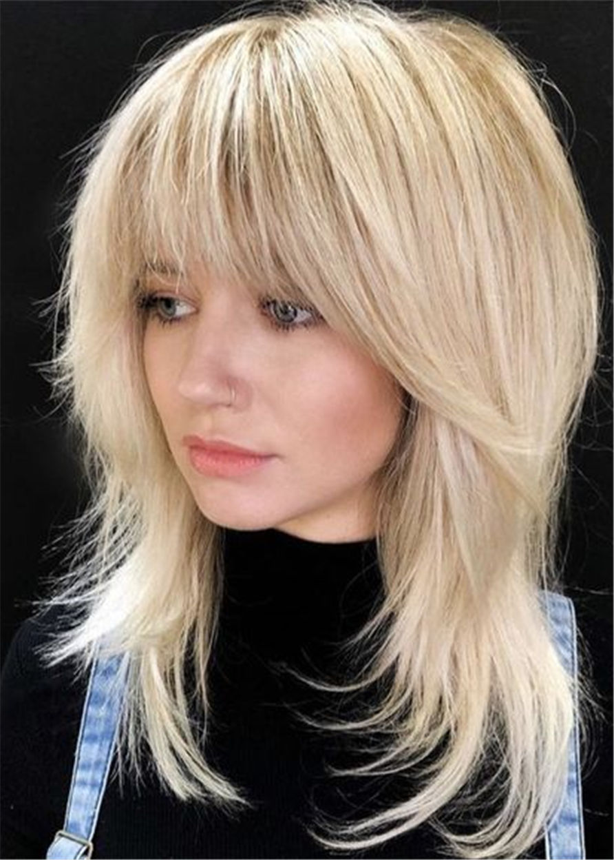 Medium Wavy Layered Cut Hairstyles Women's Blonde Straight Human Hair With Bangs Capless 18 Inches Wigs
