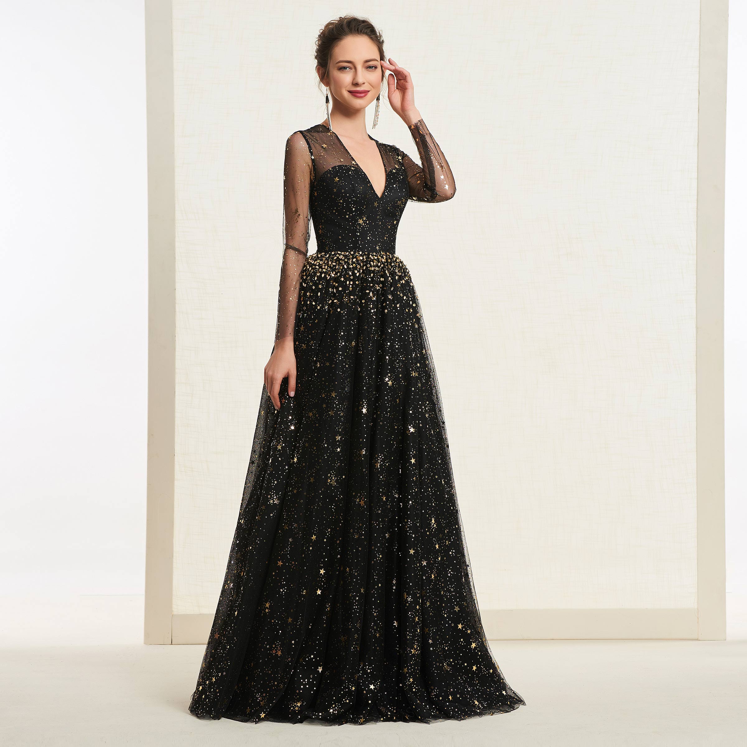 A-Line Beading Star Sequins Long Sleeves V-Neck Prom Dress