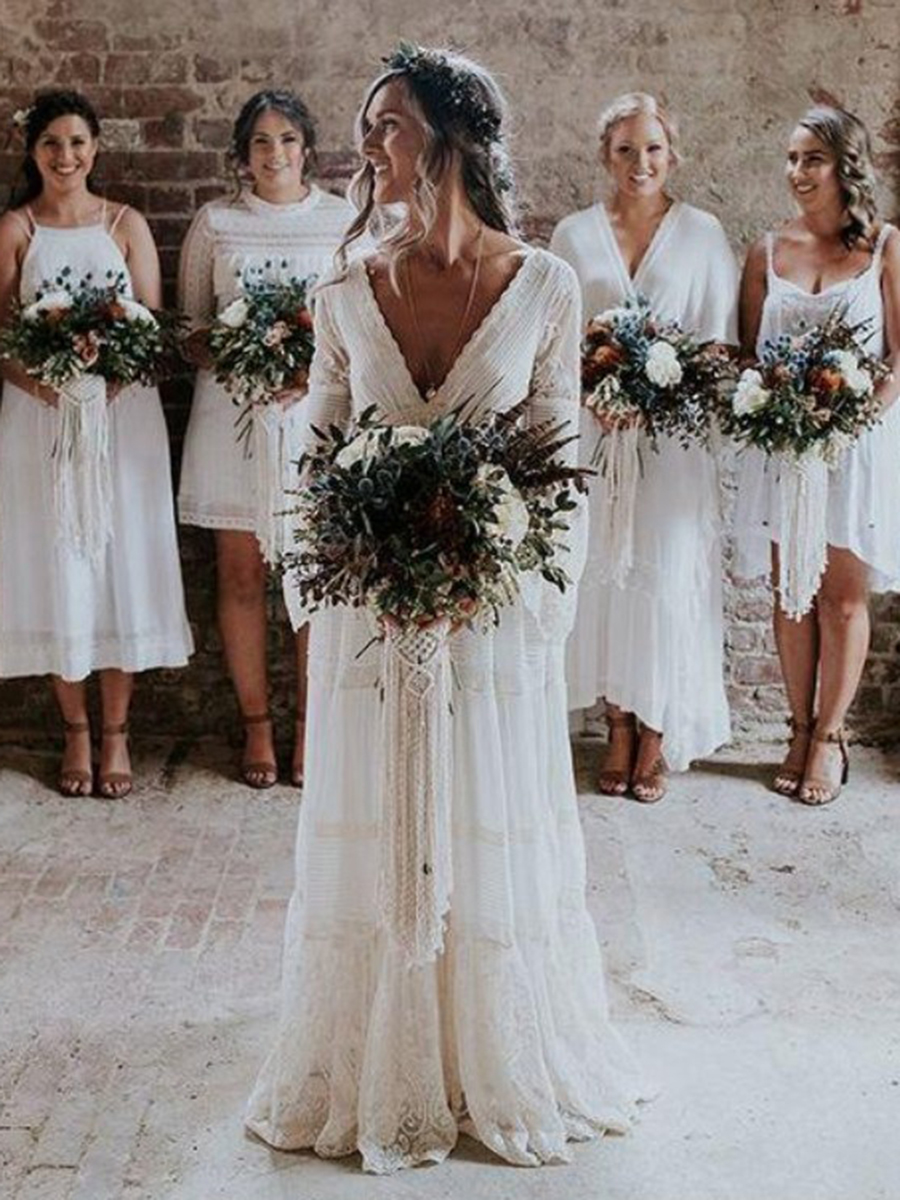 Lace Long Sleeves V-Neck A-Line Beach Wedding Dress 2021