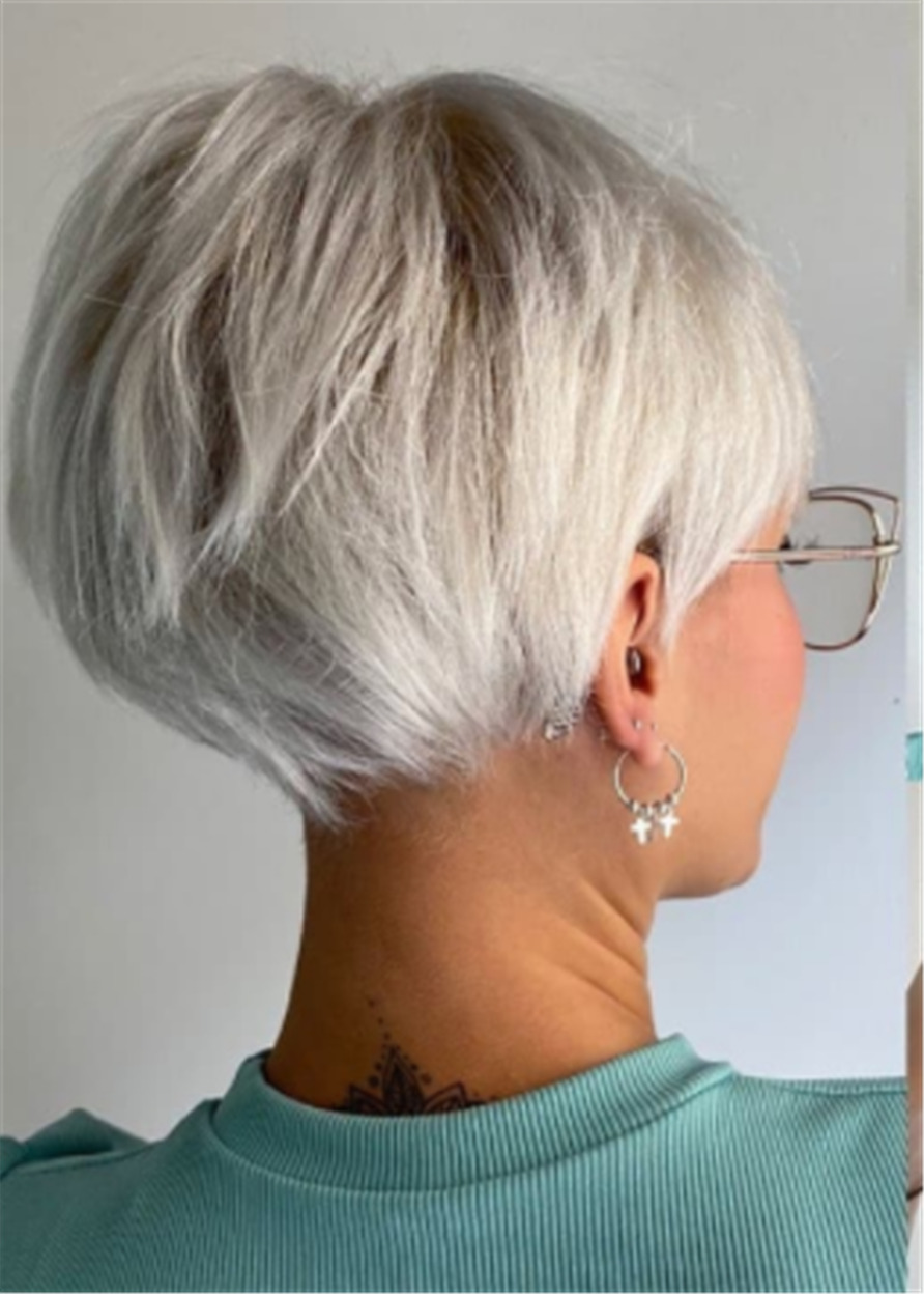Silver-White Easy Cute Pixie-Bob Haircuts Synthetic Straight Hair With Bangs Capless 16 Inches Wigs