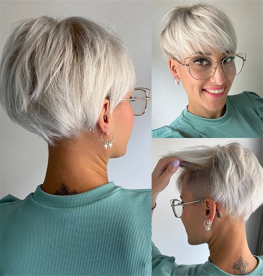 Silver-White Easy Cute Pixie-Bob Haircuts Synthetic Straight Hair With Bangs Capless 16 Inches Wigs
