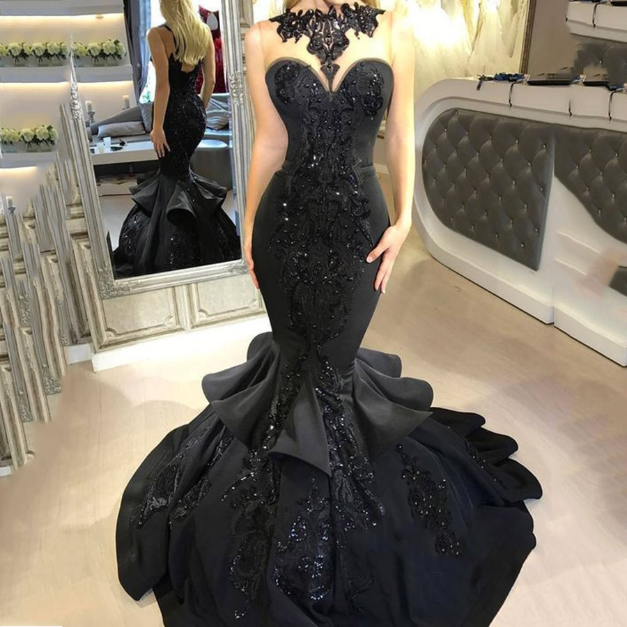 Sequins Appliques Black Mermaid Evening Dress Black Wedding Dress