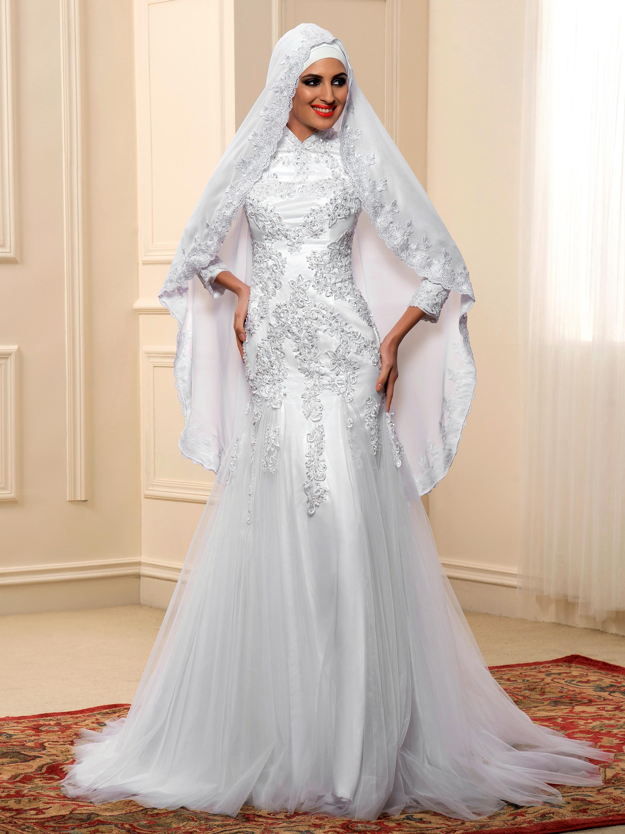 High Neck Long Sleeve Appliques Mermaid Muslim Wedding Dress