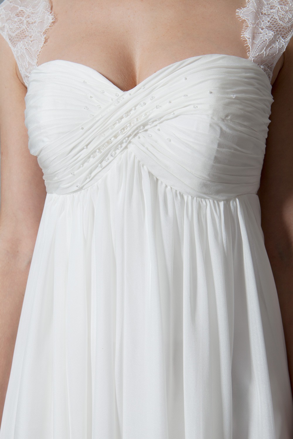 Cap Sleeve Ruched Empire Waist Lace Maternity Wedding Dress