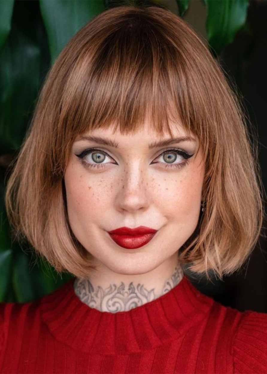 French Bob Haircuts Straight Capless Female 12 Inches Wigs With Bangs