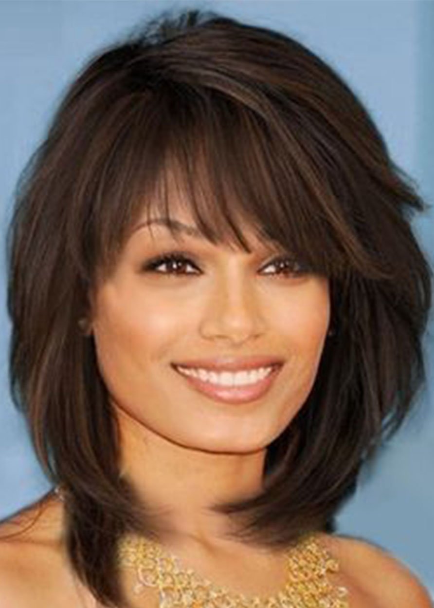Medium Hairstyle Women's Layered Wavy Synthetic Hair Wigs With Bangs Capless Wigs 14Inches
