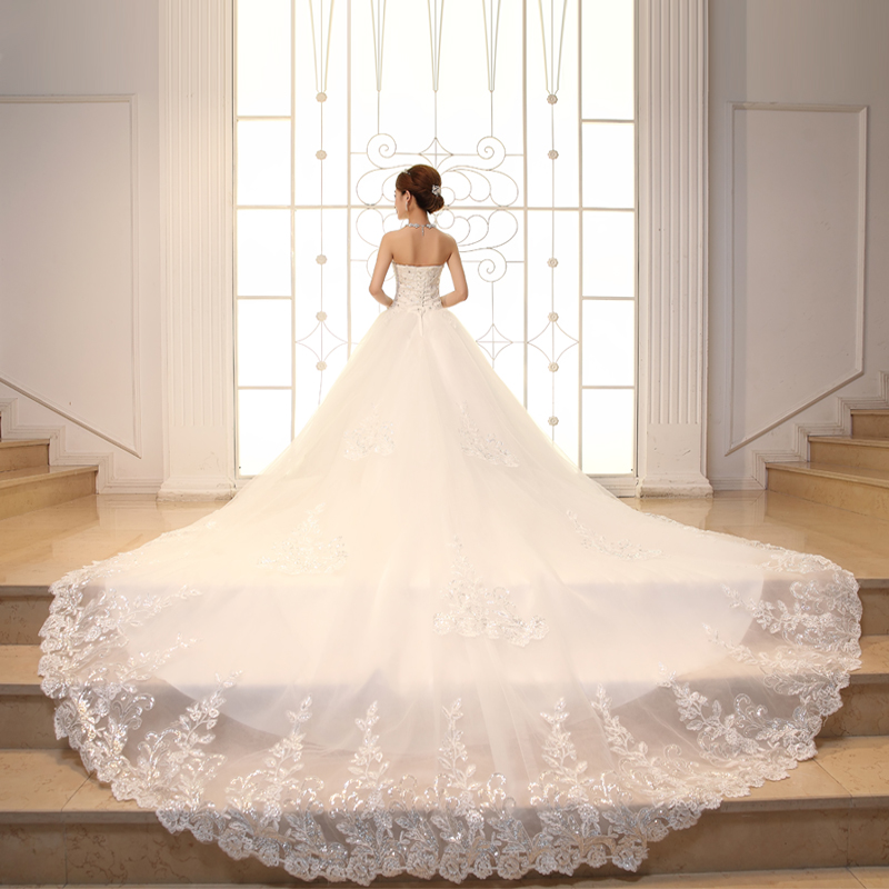 Strapless Appliques Sequins Cathedral Train Wedding Dress