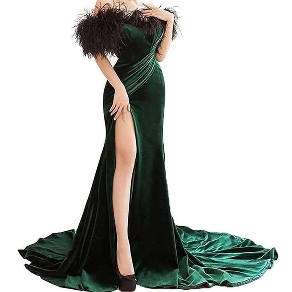 Feather Half Sleeves Trumpet Off-The-Shoulder Split Evening Dress 2021