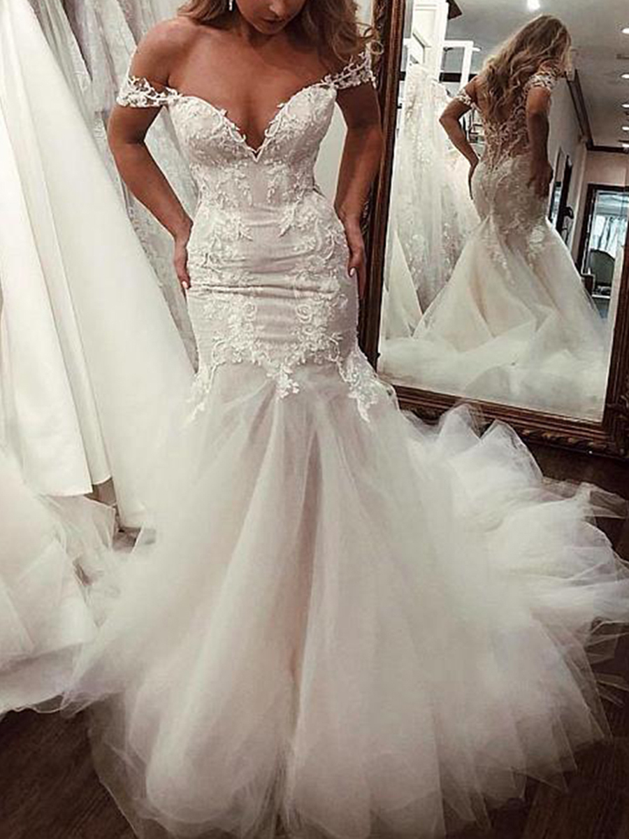 Off-The-Shoulder Appliques Tulle Mermaid Wedding Dress 2022