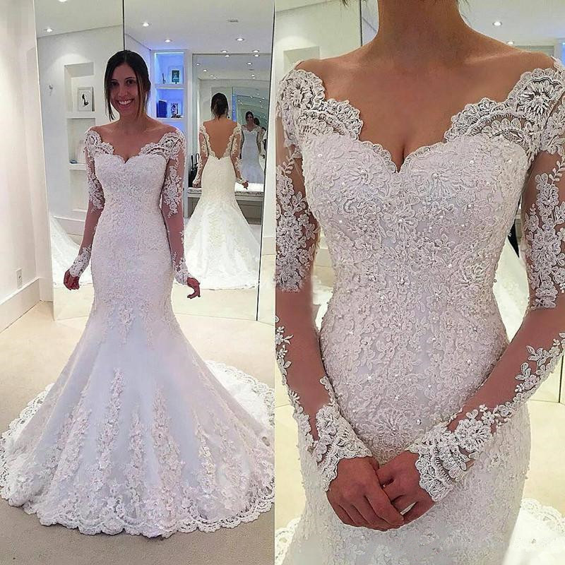 Sequins Appliques Mermaid Wedding Dress with Long Sleeve