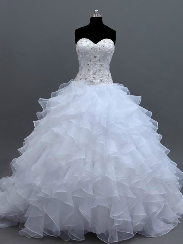 Beaded Bodice Cascading Lace-Up Ruffles Ball Gown Wedding Dress