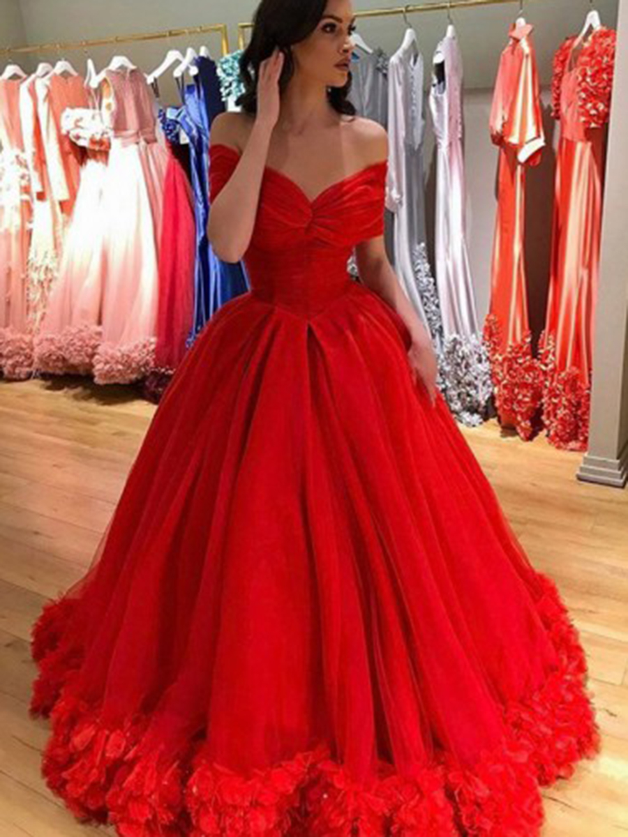 Off The Shoulder Flowers Ball Gown Ruffles Short Sleeves Prom Dress