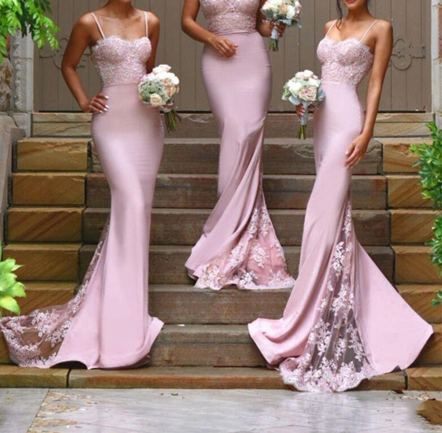 Spaghetti Straps Appliques Rose Quartz Dress Mermaid Bridesmaid Dress