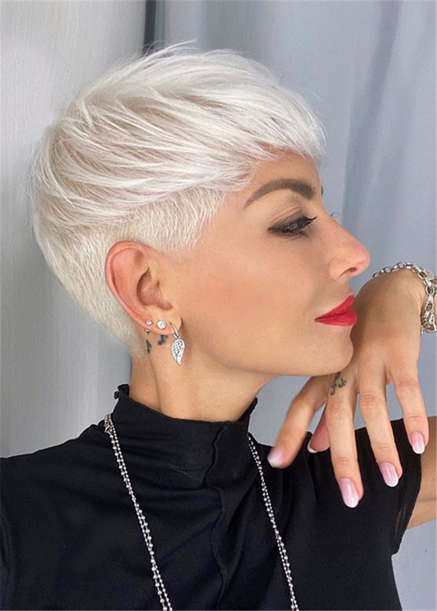 Super Sophisticated Short Silver Hairstyle Straight Human Hair Full Lace Front Short Wigs