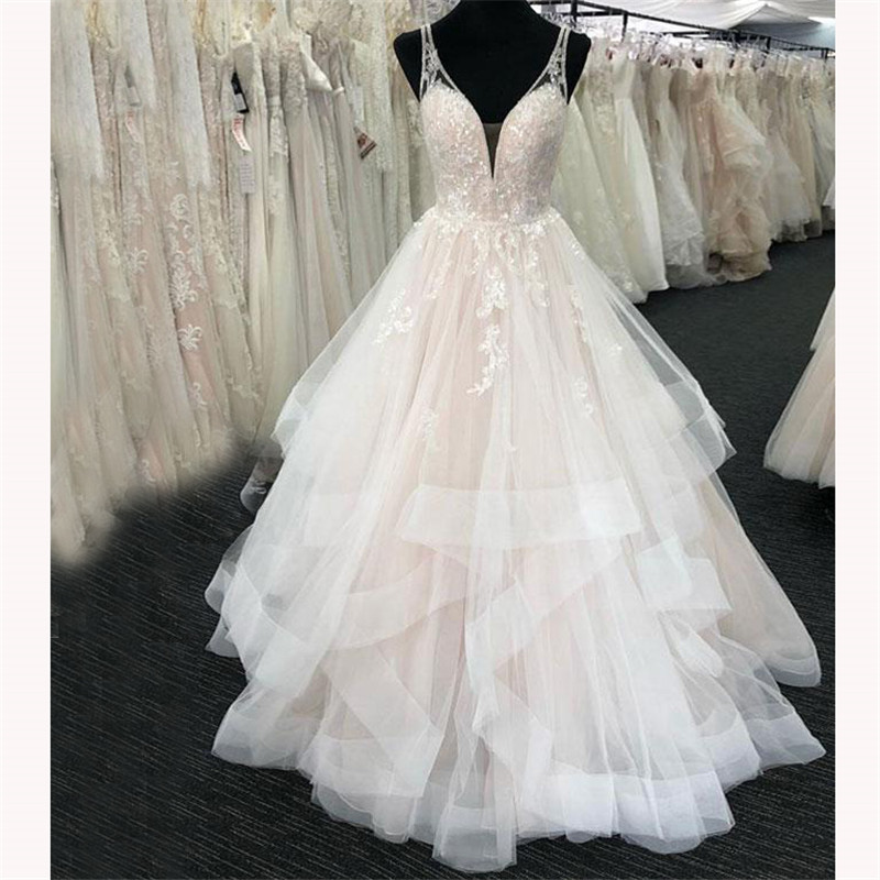 A-Line Straps Tiered Sequins Appliques Tulle Wedding Dress 2022