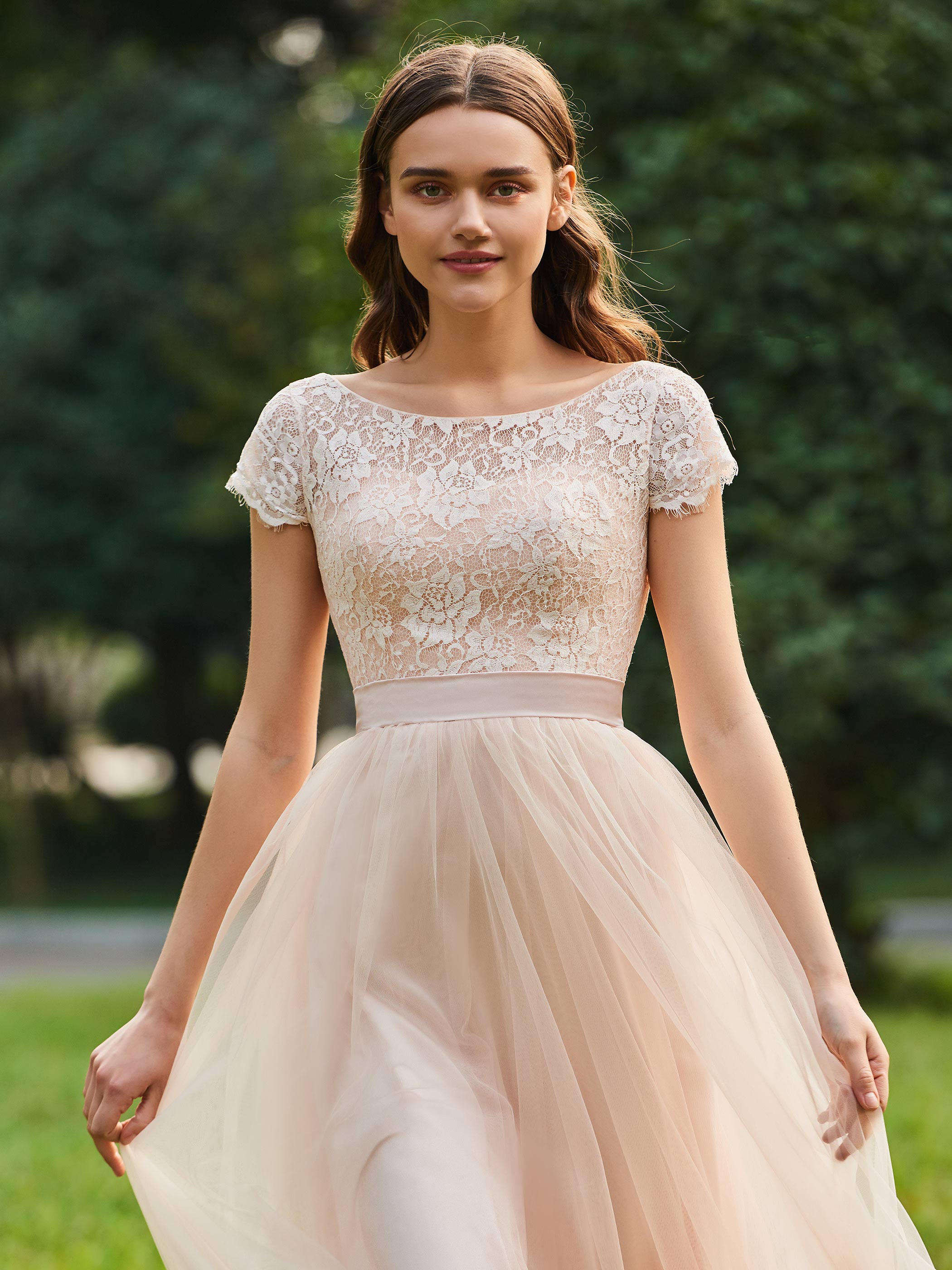 A-Line Short Sleeve Scoop Sashes Lace Bridesmaid Dress 2022