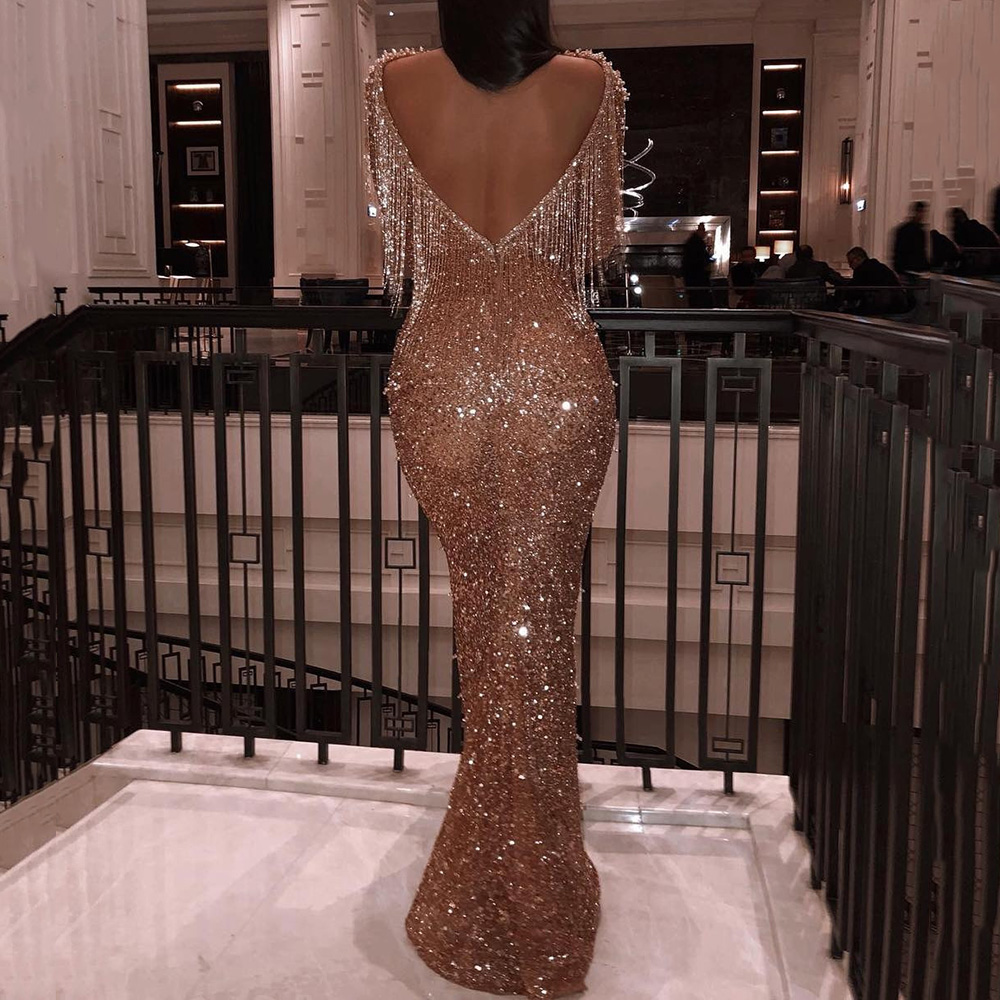 High Neck Floor-Length Long Sleeves Mermaid Celebrity Evening Dress 2021
