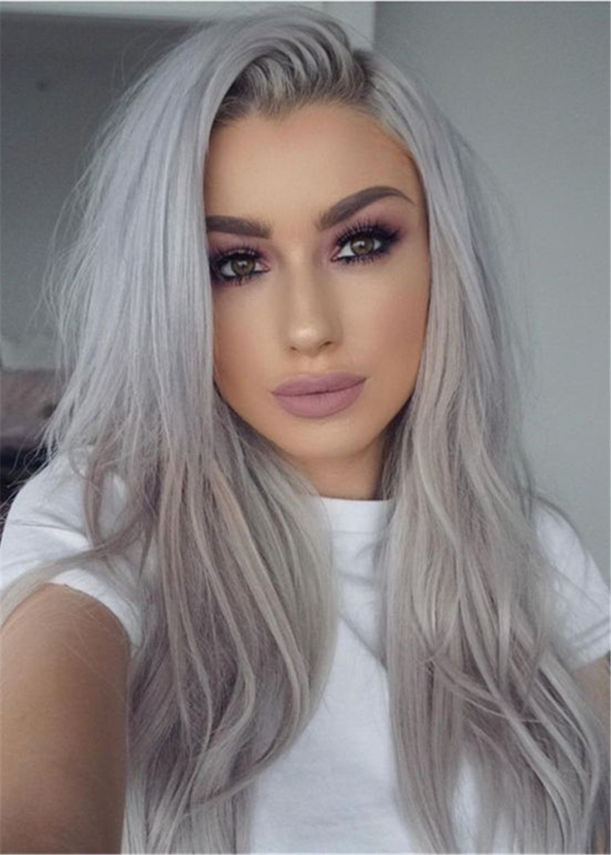 Long Natural Straight Hairstyles Gray Human Hair Capless Women 18 Inches 120% Wigs