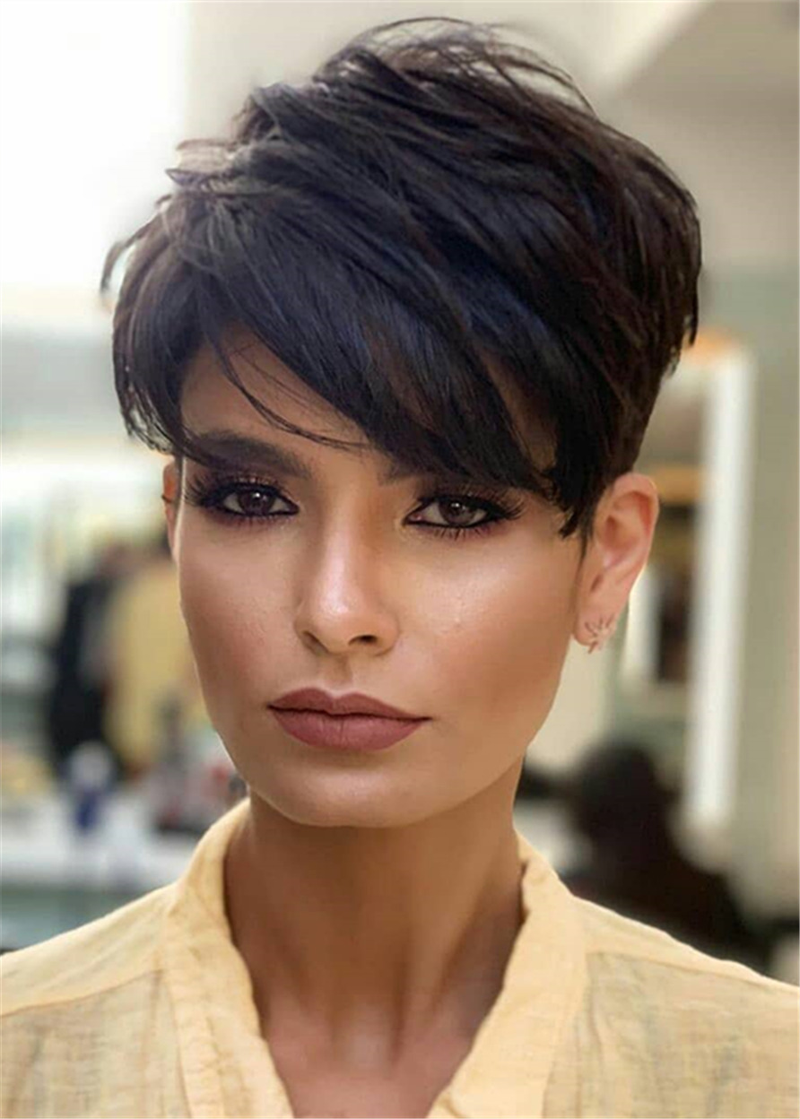 Tousled Asymmetrical Short Hairstyle Straight Human Hair With Bangs Full Lace Front Straight Short Wigs