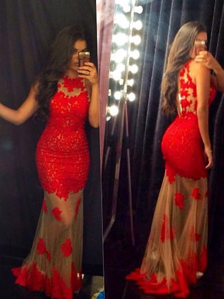 Jewel Neck Lace Appliques Sexy Red Prom Dress Wedding Guest Dress